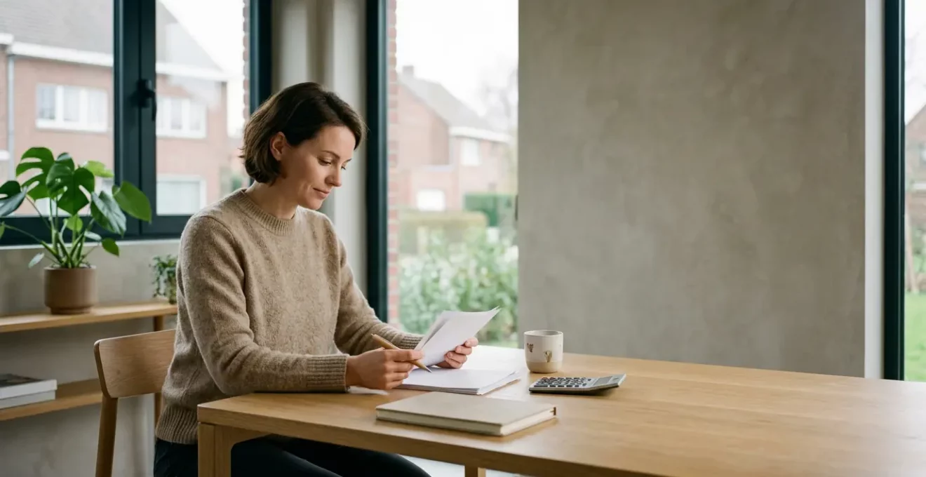 Perspective grand-angle montrant une personne consultant sereinement des documents financiers dans un espace epure, symbolisant l'equilibre entre endettement et vie confortable