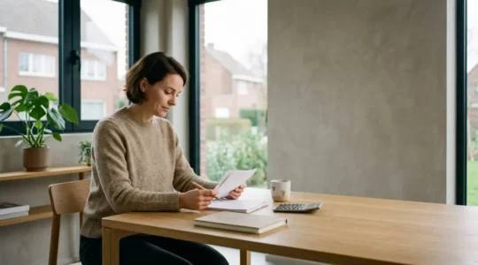 Perspective grand-angle montrant une personne consultant sereinement des documents financiers dans un espace epure, symbolisant l'equilibre entre endettement et vie confortable