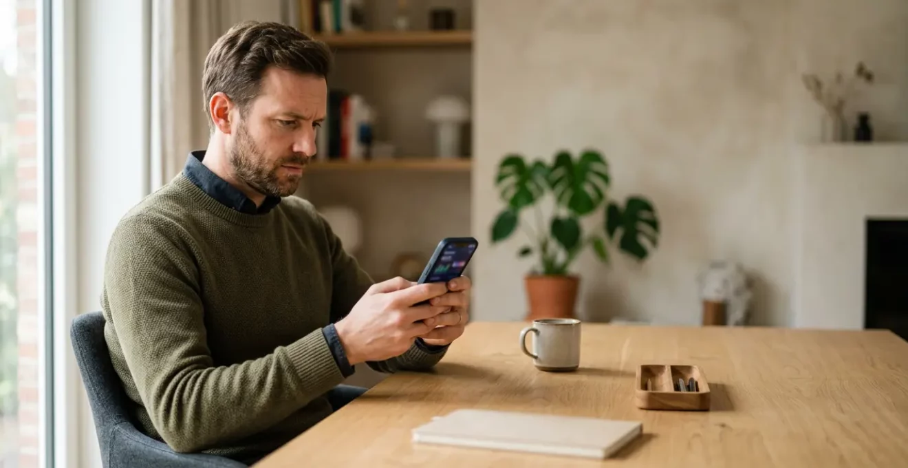 Personne consultant des informations bancaires sur smartphone dans un environnement moderne