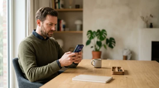 Personne consultant des informations bancaires sur smartphone dans un environnement moderne