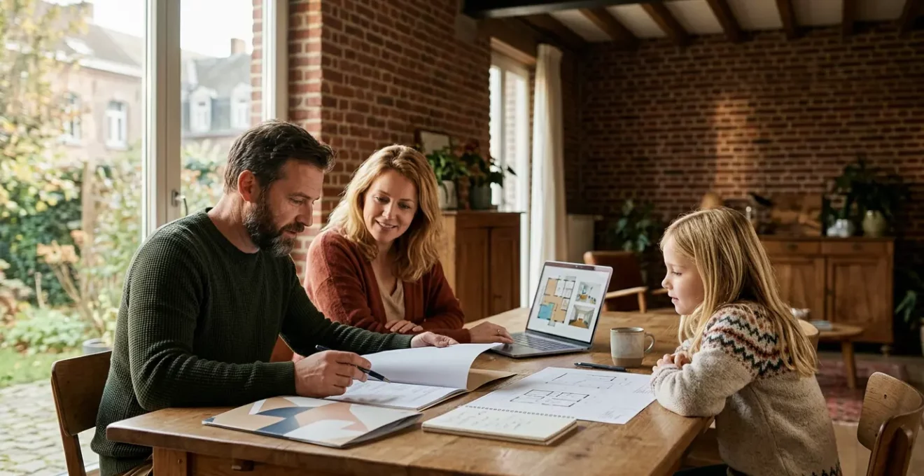 Famille belge consultant des documents de primes et prêts verts pour la rénovation énergétique de leur maison
