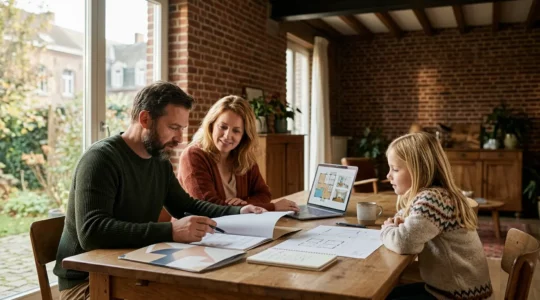 Famille belge consultant des documents de primes et prêts verts pour la rénovation énergétique de leur maison