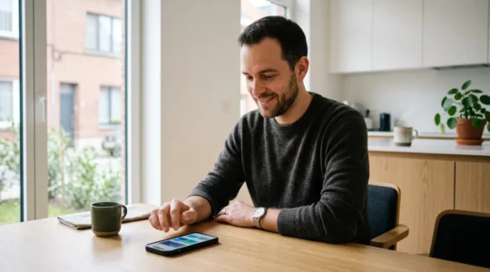 Personne consultant une application bancaire pour gérer ses paiements automatiques et son épargne