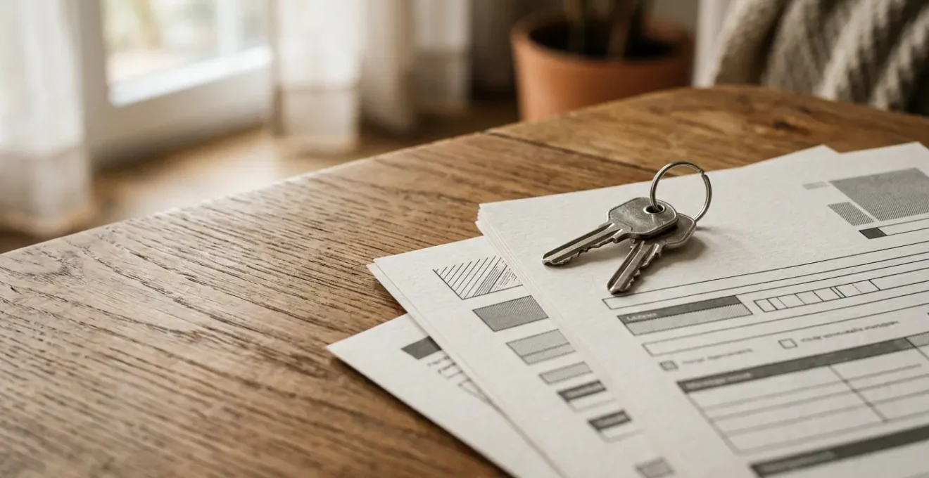Scène éditoriale montrant des clés de maison avec des documents administratifs sur une table en bois dans une ambiance chaleureuse belge