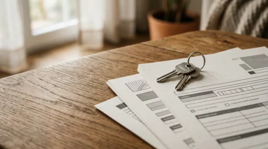 Scène éditoriale montrant des clés de maison avec des documents administratifs sur une table en bois dans une ambiance chaleureuse belge