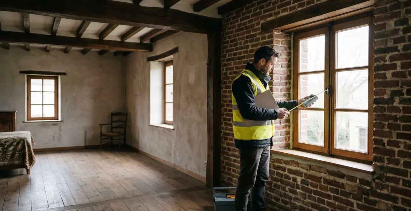 Auditeur énergétique inspectant l'isolation d'une fenêtre dans une maison wallonne typique