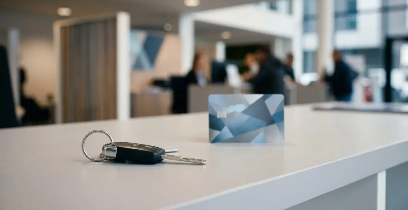 Clés de voiture et carte bancaire sur un comptoir dans une agence de location