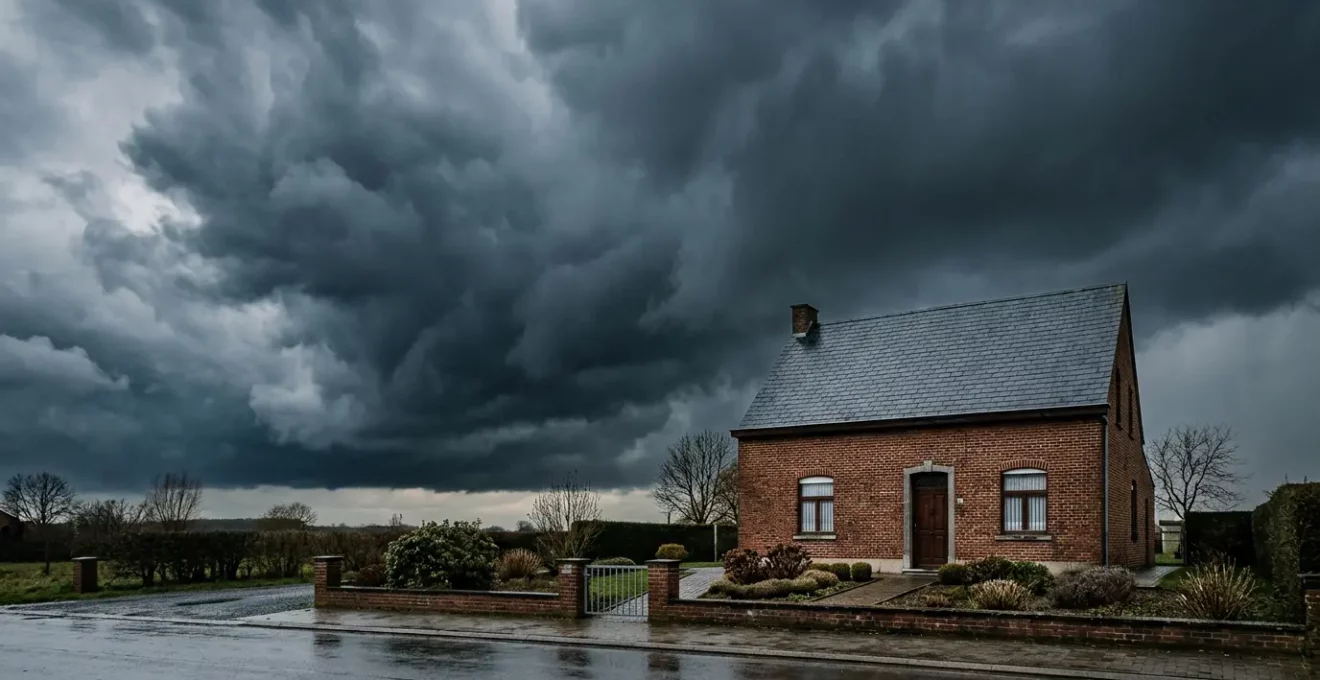 Scène atmosphérique montrant une habitation belge traditionnelle en brique rouge avec toiture en ardoise sous un ciel orageux menaçant, symbolisant la vulnérabilité climatique croissante