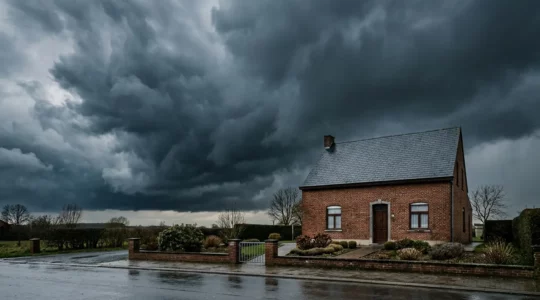 Scène atmosphérique montrant une habitation belge traditionnelle en brique rouge avec toiture en ardoise sous un ciel orageux menaçant, symbolisant la vulnérabilité climatique croissante