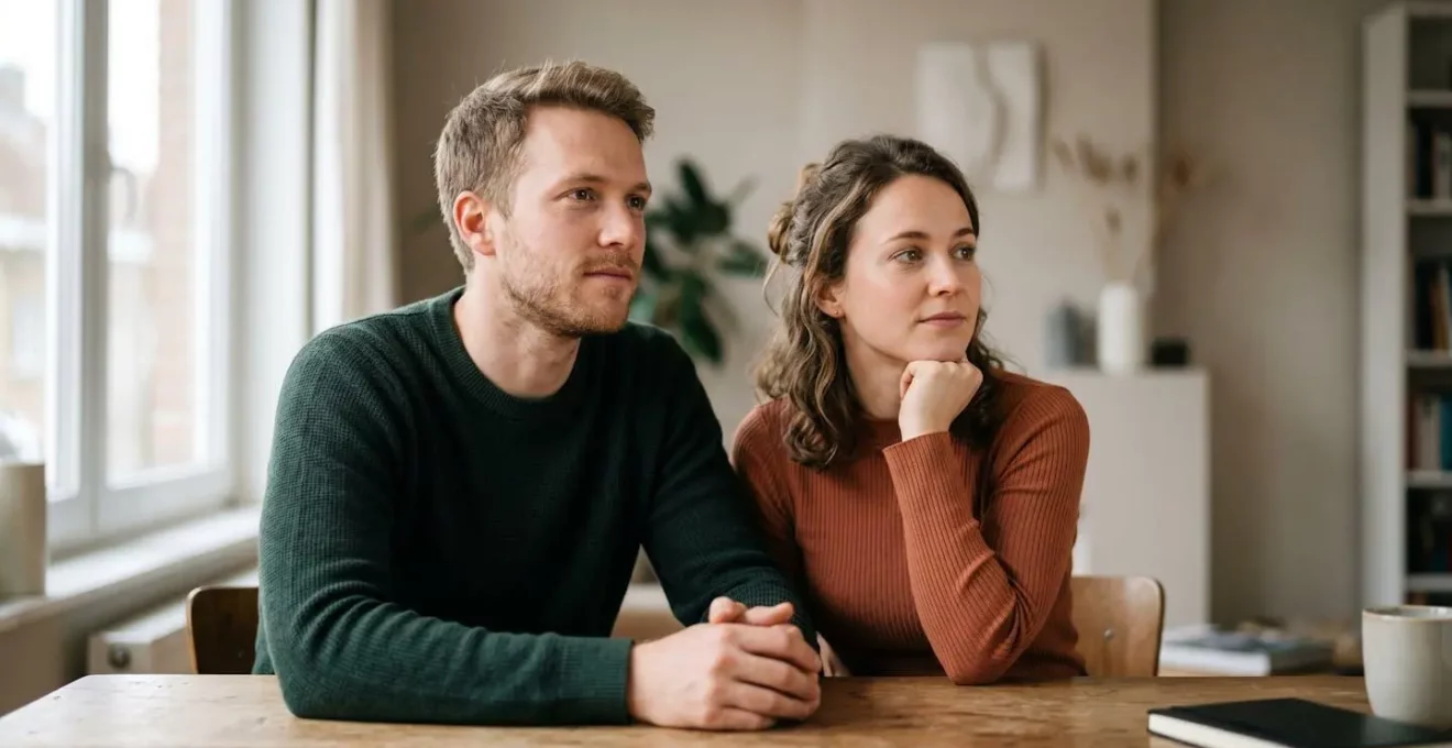 Portrait moyen d'un couple regardant ensemble vers l'avenir avec determination, evoquant la planification financiere familiale responsable