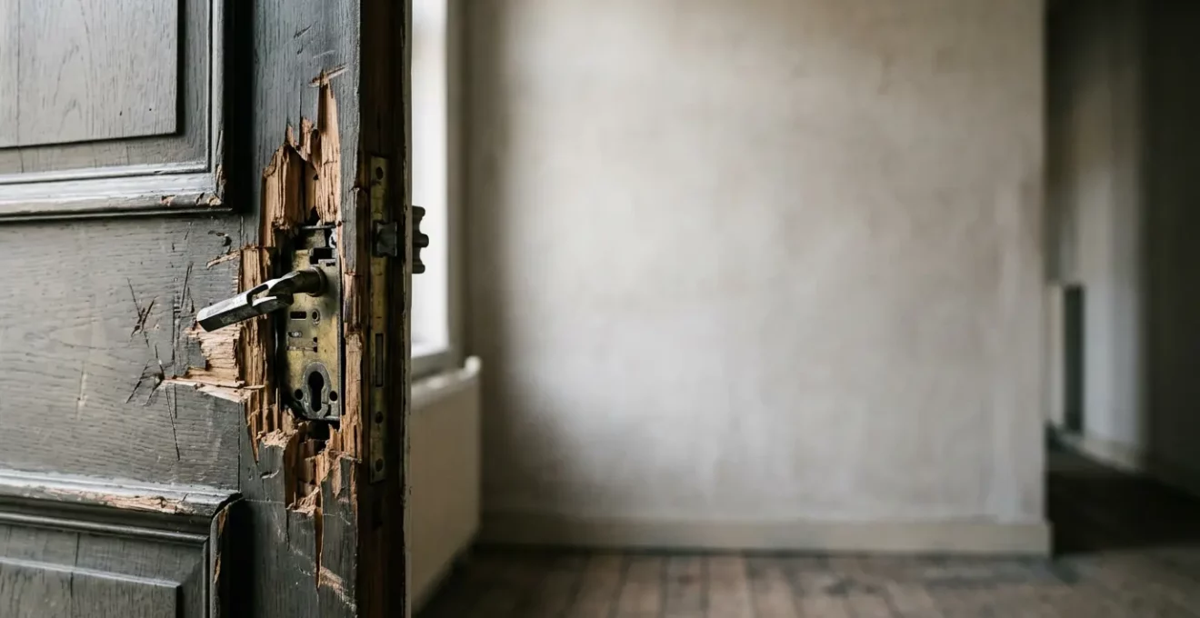 Scène d'investigation professionnelle après un cambriolage avec traces d'effraction visibles