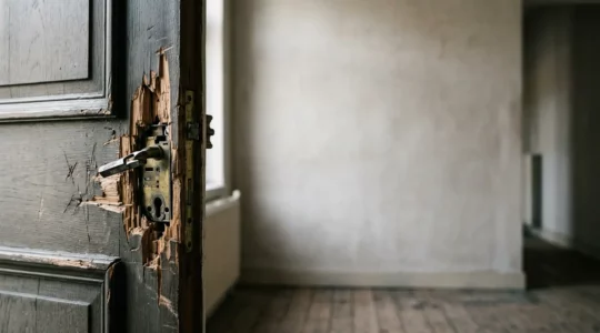 Scène d'investigation professionnelle après un cambriolage avec traces d'effraction visibles