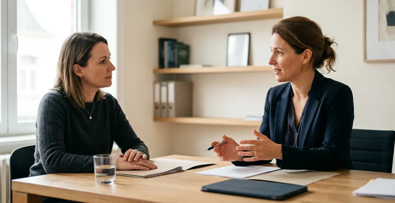Consultation juridique professionnelle entre avocat et client dans un cabinet moderne avec documents légaux