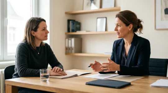 Consultation juridique professionnelle entre avocat et client dans un cabinet moderne avec documents légaux