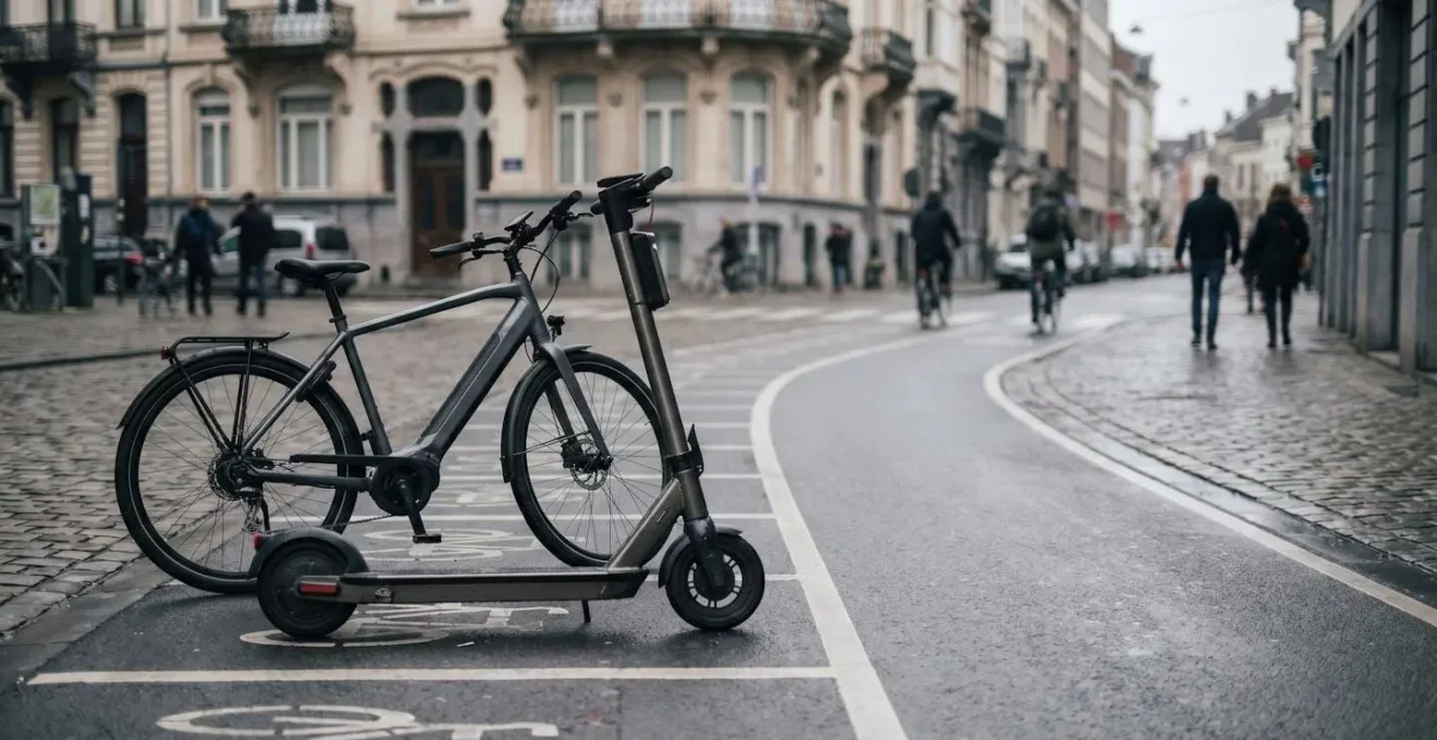 Scène urbaine belge montrant vélo électrique et trottinette sur piste cyclable en ville