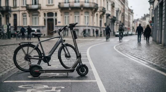 Scène urbaine belge montrant vélo électrique et trottinette sur piste cyclable en ville
