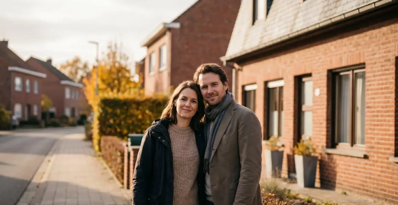 Illustration d'une famille belge devant sa maison symbolisant la protection financière d'un prêt hypothécaire