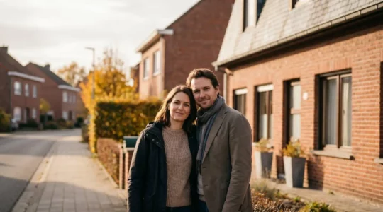 Illustration d'une famille belge devant sa maison symbolisant la protection financière d'un prêt hypothécaire