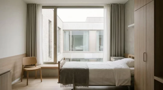 Chambre d'hôpital individuelle avec lumière naturelle douce illustrant la tranquillité et l'intimité