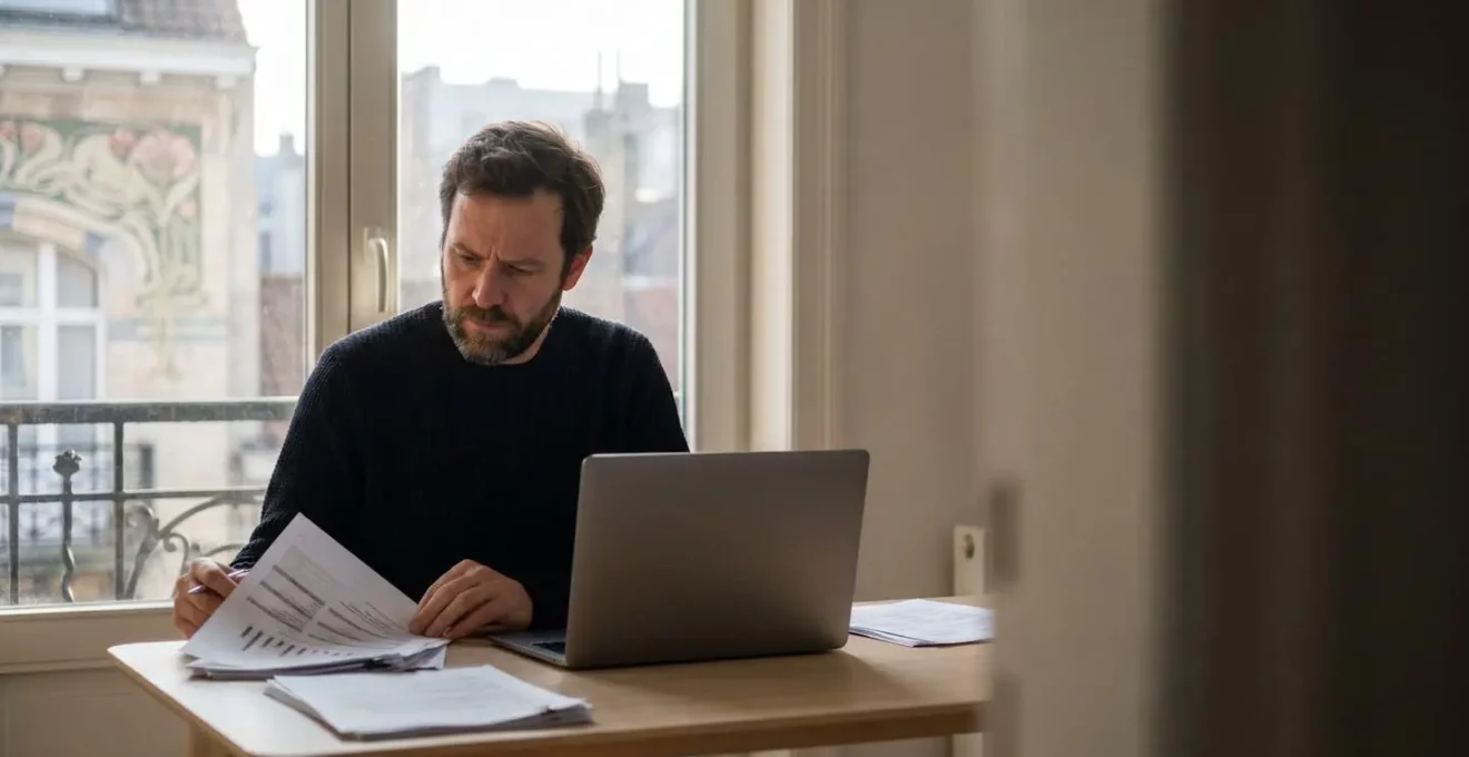 Indépendant belge consultant ses documents de couverture santé et revenu garanti