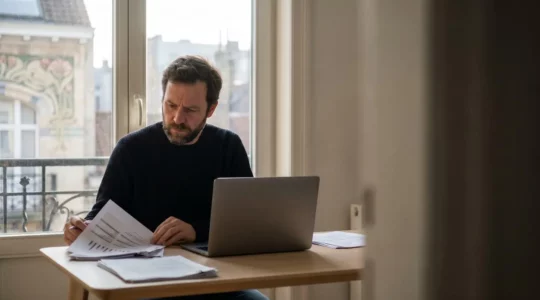 Indépendant belge consultant ses documents de couverture santé et revenu garanti